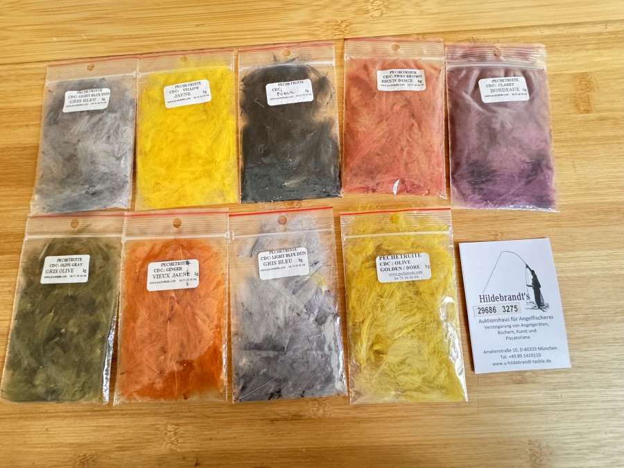 CDC Federn, Pechetruite, 9 Packungen, Black, Fiery Brown, Light Blue Dun, Ginger, Olive Grey, Claret, Light Blue Dun, Yellow, Olive, angebrochene Packungen