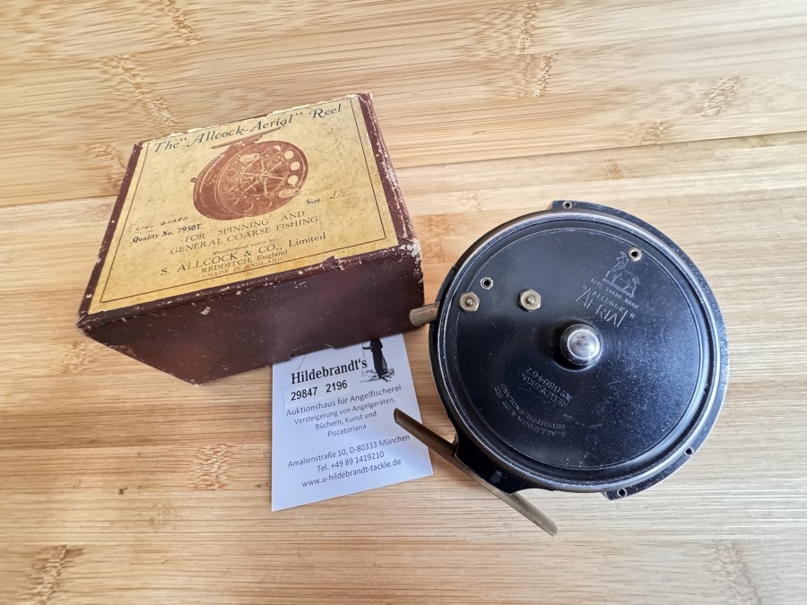 Centerpinrolle, Allcock & Co, Limited, Redditch, The "Allcock Aerial" Reel, ausschaltbare Knarre, 90mm Rollendurchmesser, 35mm Rollenbreite, läuft wunderbar, leichte Gebrauchsspuren, im Originalkarton