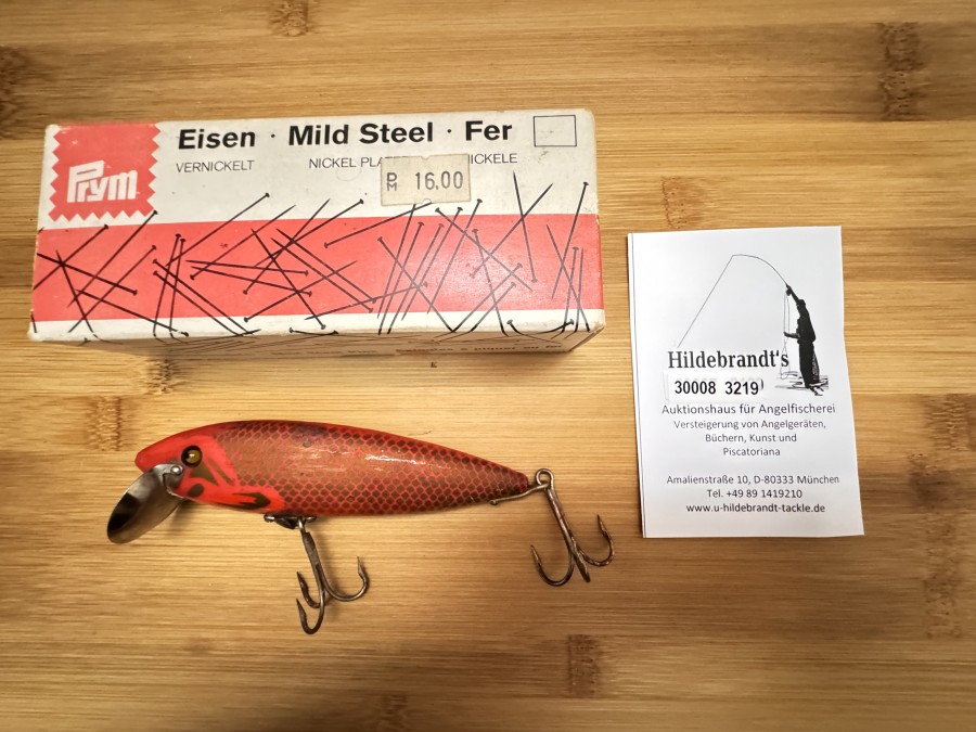 Novum Holzwobbler, D.A.M Gerät-Qualität, Ever Ready auf Schaufel gemarkt, Gute Qualität, originale Glasaugen, seltene Farben, Vorkriegsköder, sammelnswürdig, selten zu bekommen