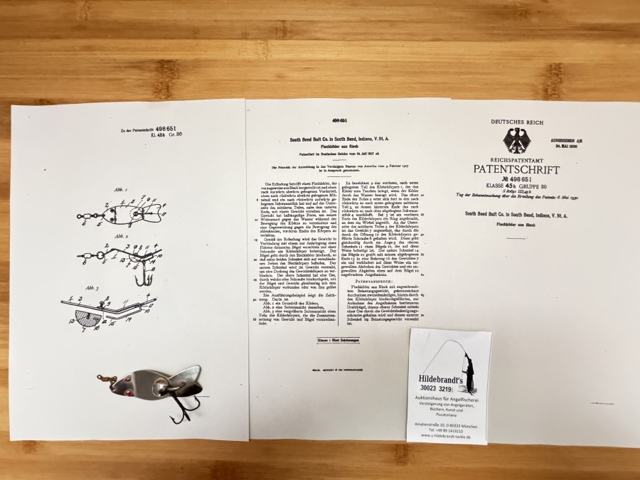 Deutsches Patent vom 24. Mai 1930, über 3 Seiten (in Kopie) einschließlich Zeichnung + dem Original Köder von South Bend, dieser Köder wurde auch in Deutschland vertrieben, interessant, schöner Köder