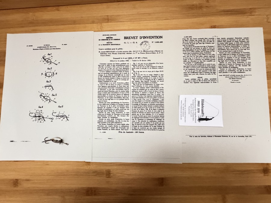 Mepps, altes, erstes Modell + Patentantrag vom 5. Mai 1952 mit 3 Seiten einschließlich Zeichnung (in Kopie), dann kennt man die Tradition, interessanter Köder und das Wissen dazu