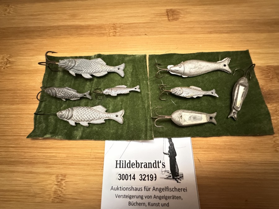 Blei-/Spiegelfischchen, 8 verschiedene alte Zonker, aus längst vergangenen Tagen, mit dem starren Haken, so heute nicht mehr zulässig