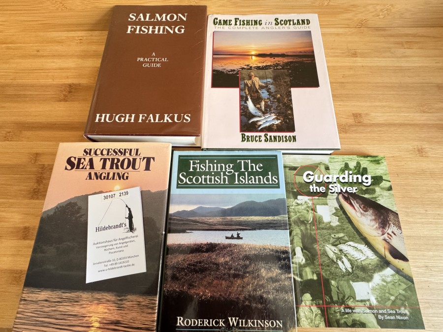 Salmon Fishing A Practical Guide, Hugh Falkus,1994, Fishing The Scottish Islands, Roderick Wilkinson, 1994, Guarding the Silver, Sean Nixon, 1999, Successful Sea Trout Angling, Graeme Harris & Moc Morgan, 1989, Game Fishing in Scotland The Complete Angerl´s Guide, Bruce Sandison, 1988