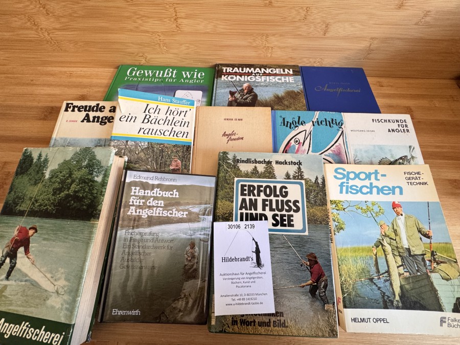 Traumangeln auf Königsfische, Rainer J. Bouterwek, 1992, Die Angelfischerei, v.d. Borne/Quint, 1951, Freude am Angeln, Z.Simek, 1970, Ich hört`ein Bächlein rauschen, Hans Stauffer, 1966, Sport- fischen, Helmut Oppel, 1973, Erfolg an fluß und See, Rindlisbacher/Hackstock, 1975, Angler- Freuden, Hendrik de Man, 1952, Angle richtig, Wolfgang Zeiske, 1959, Die Angelfischerei, v.d. Borne-Fliege, 1961, Fischkunde für Angler, Wolfgang Zeiske, 1968, Handbuch für den Angelfischer, Edmund Rehbronn, 1984, Gewußt wie Praxistips für Angler, Blinker