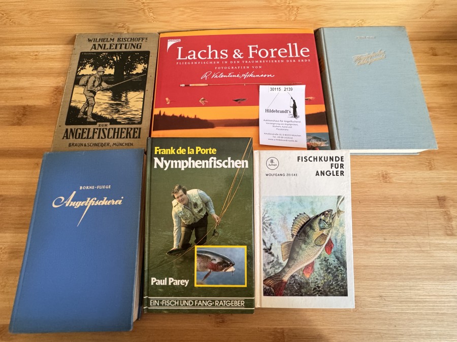 Anleitung zur Angelfischerei, Wilhelm Bischoff, Dritte Auflage, 1908, Lachs & Forelle, R. Valentine Atkinson, 2000, Fischkunde für Angler, Wolfgang Zeiske, 1983, Fliegenfischen leicht gemacht, 1951, Die Angelfischerei, Borne / Fliege, Zehnte Auflage, 1956, Nymphenfischen, Frank de la Porte, 1983