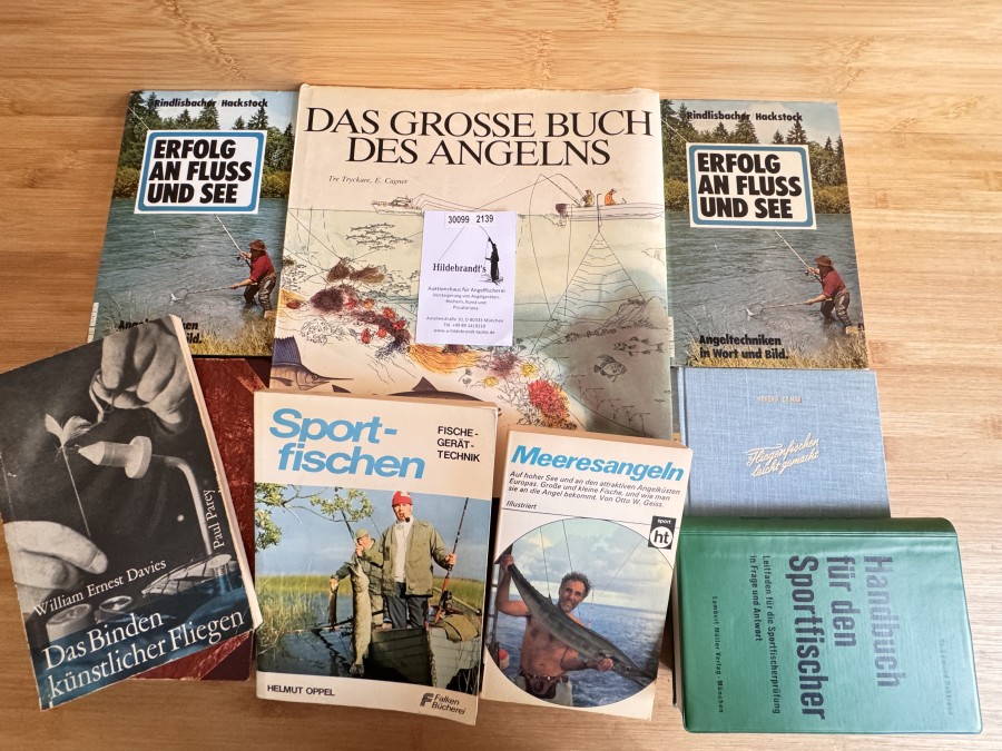 Das grosse Buch des Angelns, Tre Tryckare, E. Cagner, Der Angelsport im Süsswasser, Dr.Karl Heintz, 1920, Erfolg an Fluss und See, Rindlisbacher/Hackstock, 1975, Fliegenfischen leicht gemacht, Henrik de Man, 1951, Handbuch für den Sportfischer, Dr. Edmund Rehbronn, 1968, Das Binden künstlicher Fliegen, William Ernest Davies, 1964, Sportfischen, Helmut Oppel, 1973, Erfolg an Fluss und See, Rindlisbacher Hackstock, 1975, Meeresangeln, Otto W. Geiss, 1971