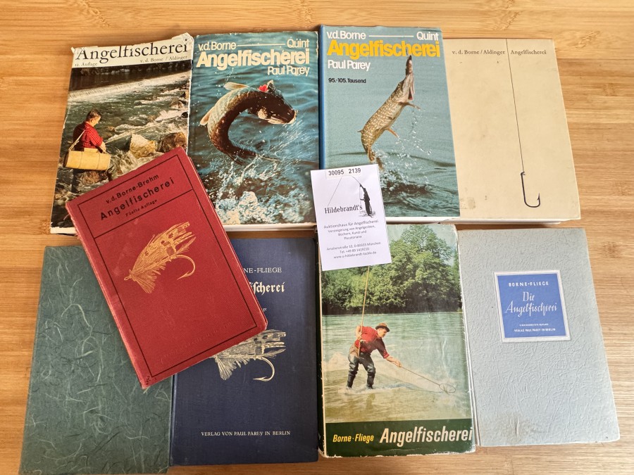 Taschenbuch der Angelfischerei, Max von dem Borne, Fünfte Auflage, 1914, Die Angelfischerei, Max von dem Borne, Siebente Auflage, 1933, neubearbeitet und ergänzt von Karl Fliege, Die Angelfischerei, Max von dem Borne, Achte, neubearbeitete Auflage von Karl Fliege, Die Angelfischere, v.d. Borne-Fliege, Neunte Auflage, 1951, neu bearbeitet von Karl Fliege und Fritz Kostenbader, Die Angelfischerei, v.d. Borne-Fliege, Elfte Auflage, 1961, neubearbeitet von Hermann Aldinger, Die Angelfischerei, v.d. Borne/Aldinger, Zwölfte Auflage, 1965, neubearbeitet von Hermann Aldinger, Die Angelfischerei, v.d. Borne/Aldinger, Dreizehnte Auflage, 1967, b bearbeitet von Hermann Aldinger, Die Angelfischerei, Begründet von Max von dem Borne, 14. Auflage, 1974, vollständig neu bearbeitete Auflage, herausgegeben von Dr. Wolfgang Quint, Die Angelfischerei, Begründet von Max von dem Borne, 17. Auflage, 1988, Herausgegeben von Dr. Wolfgang Quint, inclusive MWST