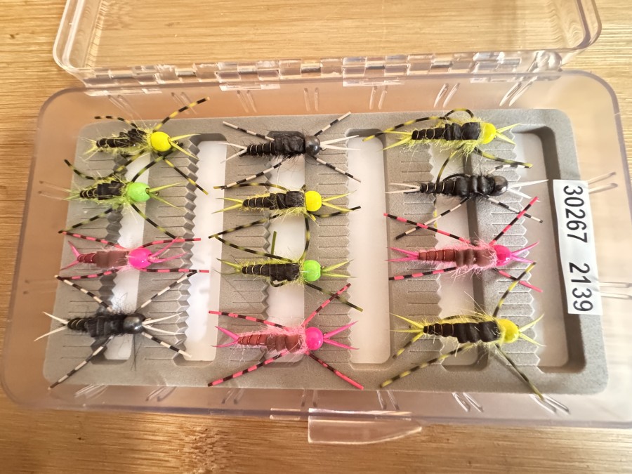 Tungstennymphen, 12 Stück, Grösse 6, Gummibeinen, in Kunststoff Fliegenbox, sehr gute Qualität