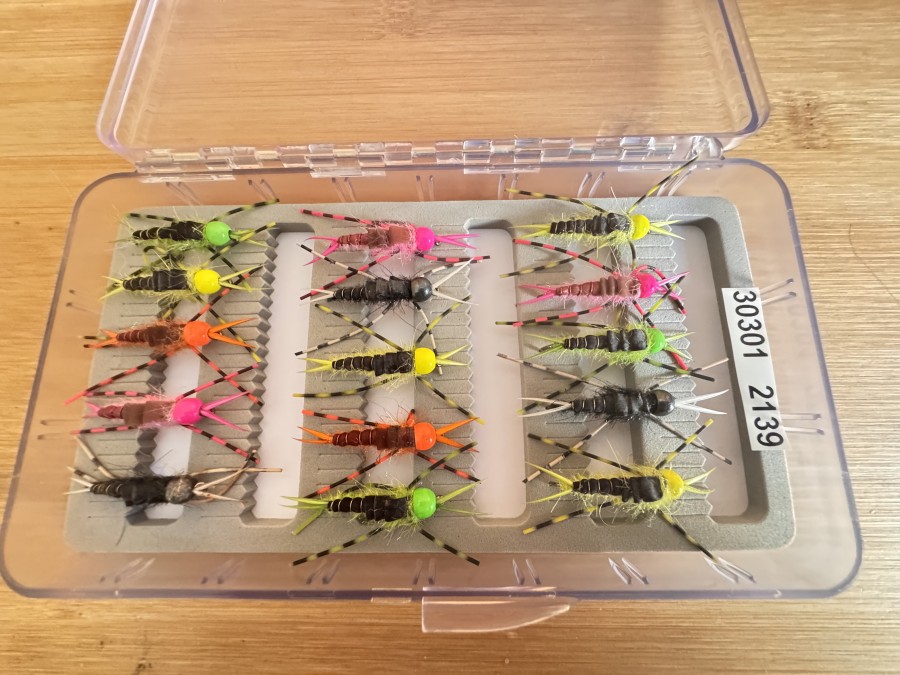 Tungsten Supernymphen, 15 Stück, Grösse 6, mit Gummibeinen, in Kunststoff Fliegenbox, sehr gute Qualität