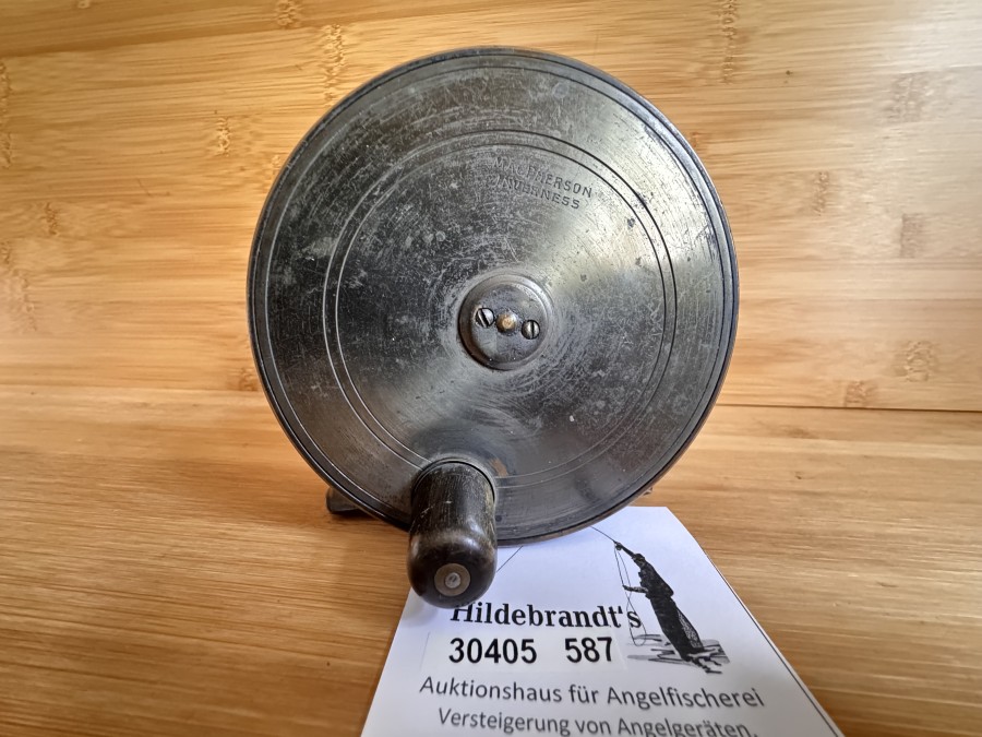 Vintage Lachsfliegenrolle, Mac Pherson Inverness, Messing, Horngriff, Links- oder Rechtshand, Gewicht 798g, Rollendurchmesser 115mm, Rollenbreite 51mm, Gebrauchsspuren
