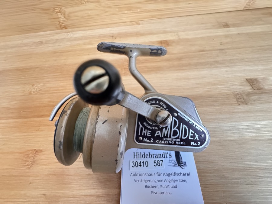 Stationärrolle, J.W. Young & Son Ltd, Redditch, Eng, The Ambidex No. 2 Casting Reel, Halbbügel, Fettwechsel erforderlich, starke Gebrauchsspuren