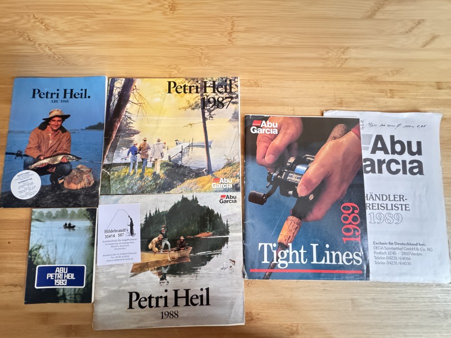 Kataloge, ABU, Petri Heil 1983, 1985 Abu Garcia, Petri Heil 1987, Petri Heil 1988, Tight Lines 1989
