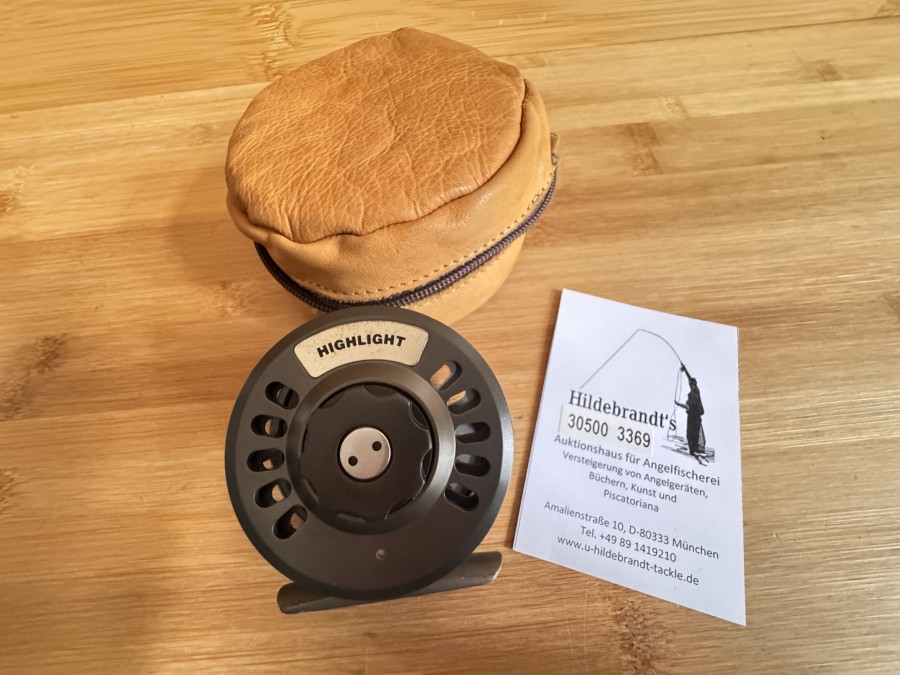 Fliegenrolle, RST, Highlight, #5, Linkshand, Rollendurchmesser 75mm, Rollenbreite 32mm, Gewicht 134g, Kalbsleder Rollentasche, Gebrauchsspuren
