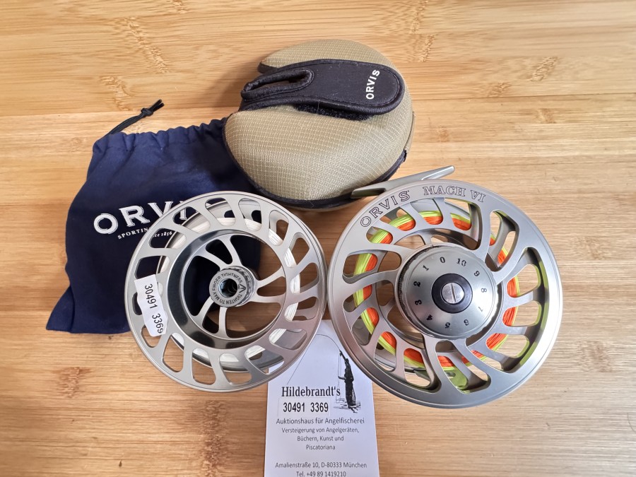 Lachsfliegenrolle, Orvis, Mach VI, Reservespule, #10, Gewicht 306g mit Backing, Orvis Rollentasche bzw. Rollenbeutel, leichte Gebrauchsspuren,