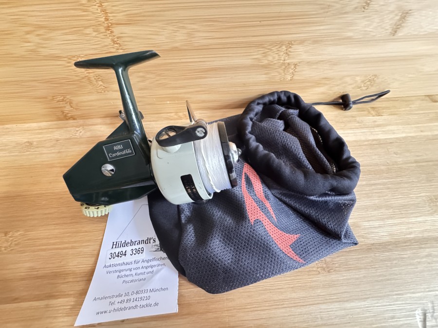 Stationärrolle, Abu, Cardinal 66, Product of Sweden, 750608, mit Monofiler Schnur, Rollenbeutel, Gebrauchsspuren