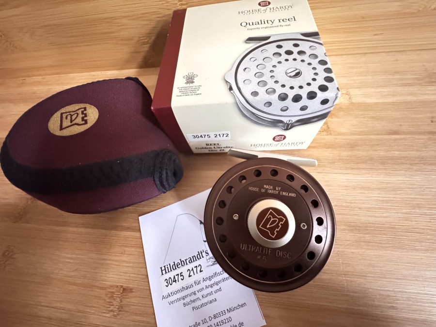 Fliegenrolle, House of Hardy Alnwick England, Golden Ultralite Disc, #5, Links- oder Rechtshand, Gewicht 104g, Hardy Rollentasche, ungefischt im Karton