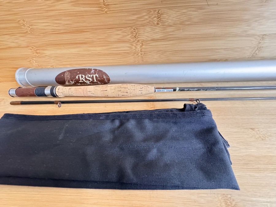 Fliegenrute, RST - Longsofter, Royal Coachman, 1620, handgefertigt, 2tlg., 2,55m, #4/5, Gewicht 90g, Futter', Alu Transportrohr, Gebrauchsspuren, Transportlänge 1430mm