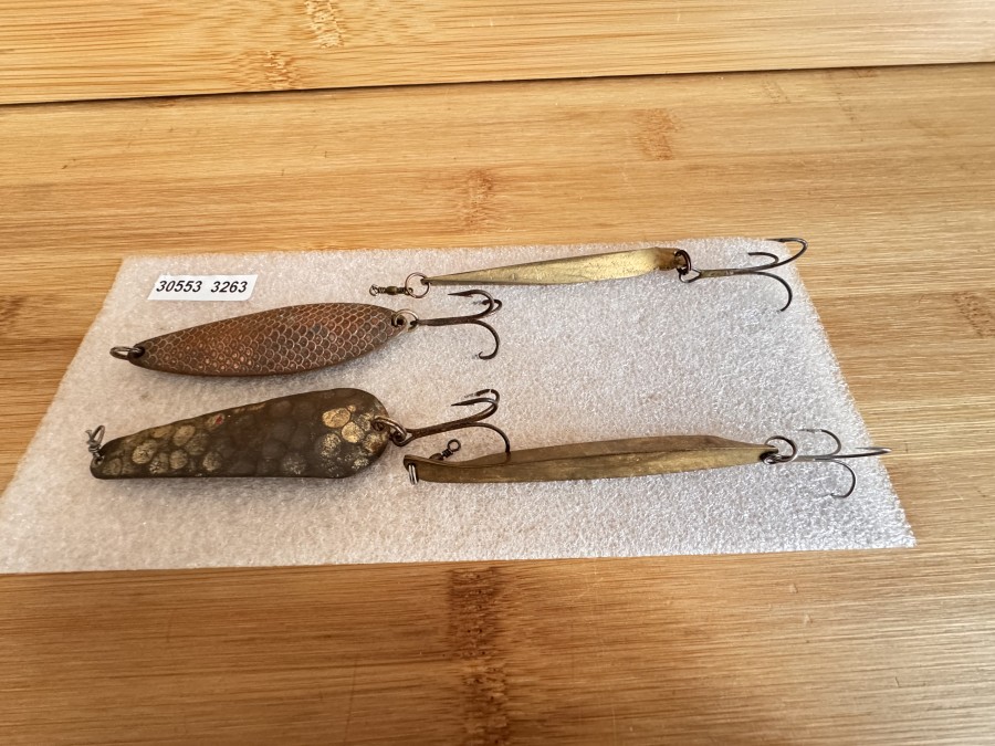 Vintage Kunstköder, 1 Stück Abu, Sweden, Koster, 40g, 1 Stück EGB Swiss Made, 2 Messingköder, 11cm und 12cm lang, gefischt