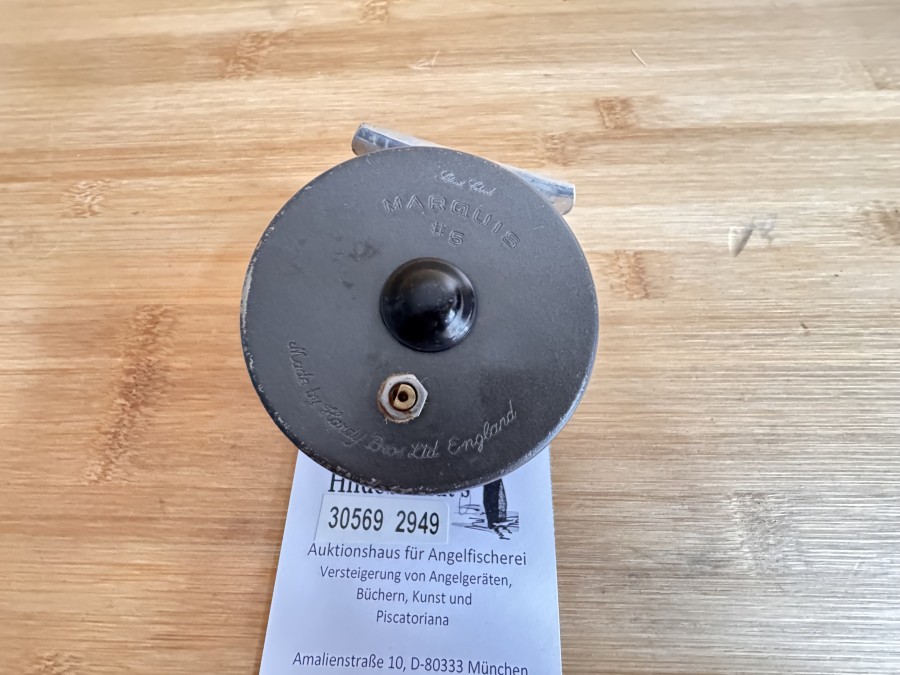 Fliegenrolle, Made by Hardy Bros Ltd England, Marquis #5, Silent Check, Linkshand, Gewicht mit Backing 112g, Bremsrad fehlt, starke Gebrauchsspuren