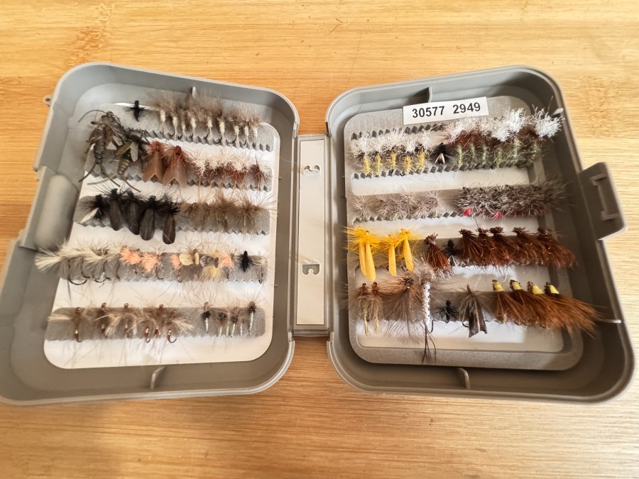 Kunststoff Fliegenbox, C&F Design, Grösse 120x95x30mm, beidseitig geschlitzte Foameinlage, 3 Nymphen Grösse 8 und 98 Trockenfliegen, Buck Caddis, CDC, Serdge, gute Qualität