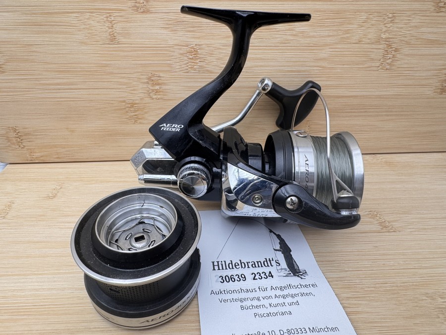 Stationärrolle, Shimano, Aero 4000 Feeder FA, Malaysia, mit Monofiler Schnur, Reservespule, leichte Gebrauchsspuren, im Karton