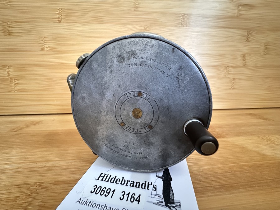 Fliegenrolle, Made by Hardy Bros Ltd. Alnwick England, The Perfect Fly Reel, Size 3 3/8", Pat. Nos. 24245&926, Duplicated Mark II, Rechtshand, Achat Schnurführungsring, Rollenfuß Messing, Gewicht 192 Gramm, sehr guter Zustand