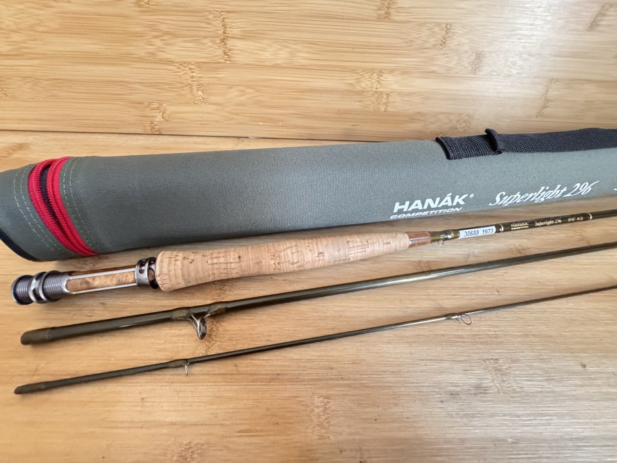 Fliegenrute, Hanak Competition, Superlight 296, 4tlg., 9,6", #2, Gewicht 62 Gramm, Codura Transportrohr, sehr guter Zustand, Transportlänge 850mm