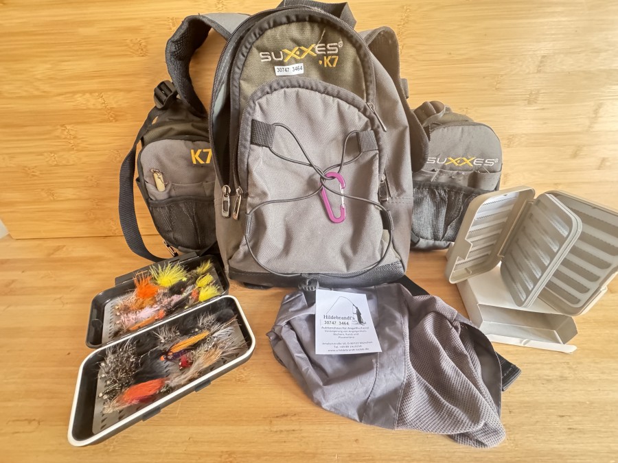 Angeltasche, Suxxes K7, Rückentasche, 2 Vordertaschen, 1 Fliegenbox mit Streamer,  Fliegenbox mit Foameinlage, Kleinteilebox, gebraucht