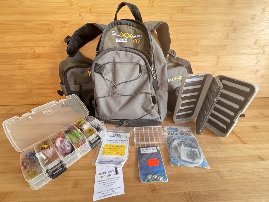 Angeltasche, Suxxes K7, Rückentasche, 2 Vordertaschen, 1 Streamerbox mit 40 Streamer, Fliegenbox Grey´s, Kleinteilebox, gebraucht