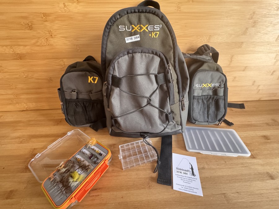 Angeltasche, Suxxes K7, Rückentasche, 2 Vordertaschen, 1 Fliegenbox mit 60 Fliegen, Fliegenbox mit Foameinlage, Kleinteilebox, gebraucht