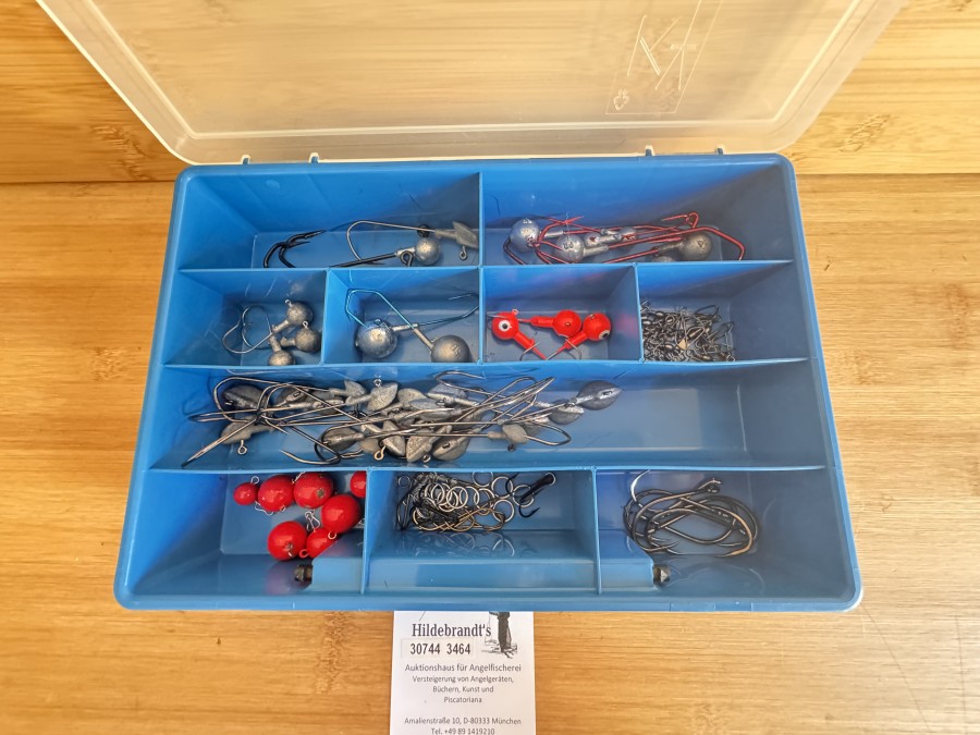 Hakenbox, Kunststoff, 280x190x60mm, mit Jighaken mit Bleikopf, 1 bis 10/0, Cheburarska, Sprengringen, Haken, Wirbel