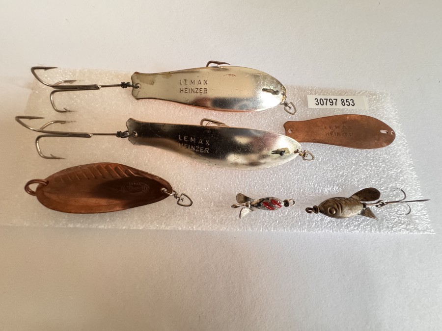 Kunstköder, Lemax, 2 Heinzer, silber/kupfer, 8cm, Heinzer Blatt, ohne Haken, 6cm, 2 Fischli, 1 Spinnerblatt, silber/kupfer, 5,50cm, ungefischt
