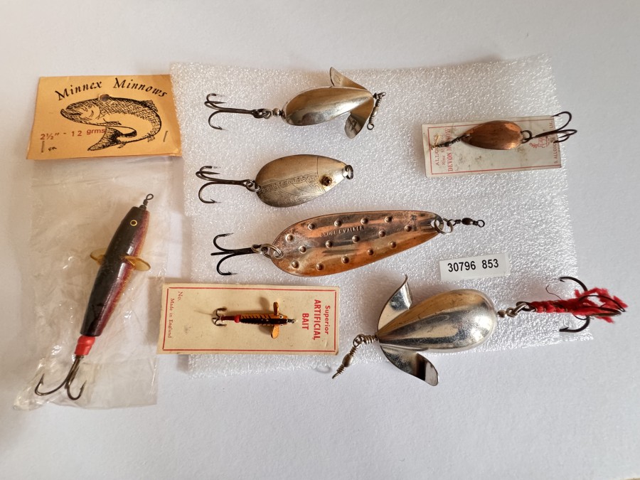 Kunstköder, Minnex Minnows, Superior Artificial Bait, 2,50cm, Allcock Devon Minnow, Bruce & Walker, nickel/kupfer, 9cm, 3 ungemarkte Britishe Köder, ungefischt