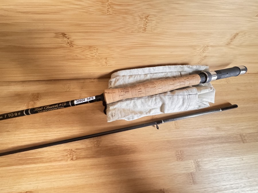 Fliegenrute, Bob Church & Co, Northampton, Carbon Blagdon  to 9,7 2tlg., 9.6", Gewicht 102 Gramm,  Futteral, Kunststoff Transportrohr, Transportlänge 1560mm