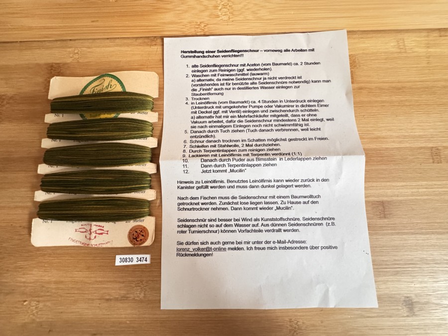 Eigene Fliegenseidenschnur herstellen. Mit einer Herstellungs-Anleitung dazu. Heraus kommen 3 – 4 Fliegenseidenschnüre der Schnurklasse # 3-4. Ein Schnäppchen für den, der es durchzieht! Eines der letzten Stücke.