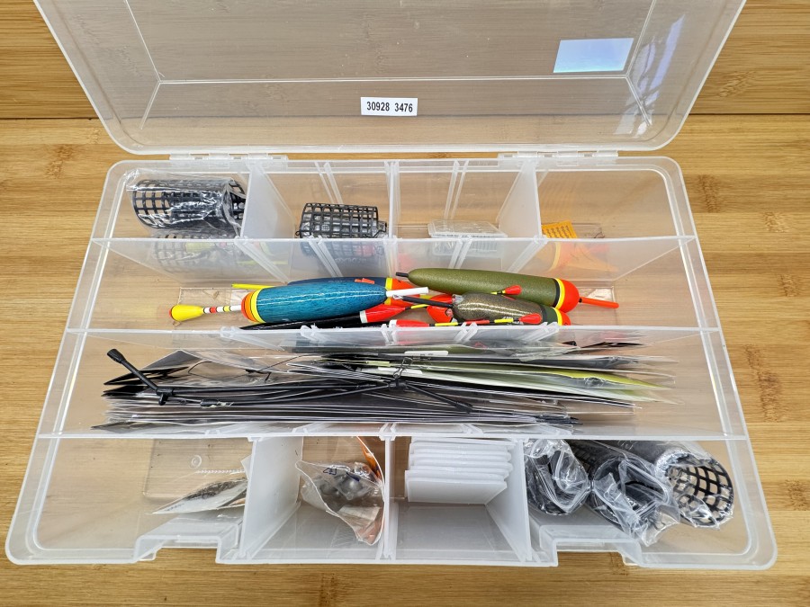 Kleinteilebox, 350x230x80, Futterkörbe, Presshülsen, Schwimmer, Swivel, Blei, 10 Hair Ring Extra Strong #2, Ködernadel, Kleinteile