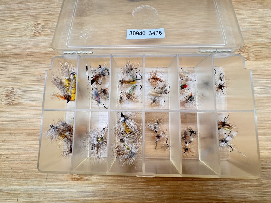 Fliegenbox, 155x90x30mm, mit 50 Trockenfliegen für Äsche und Forelle, gute Qualität