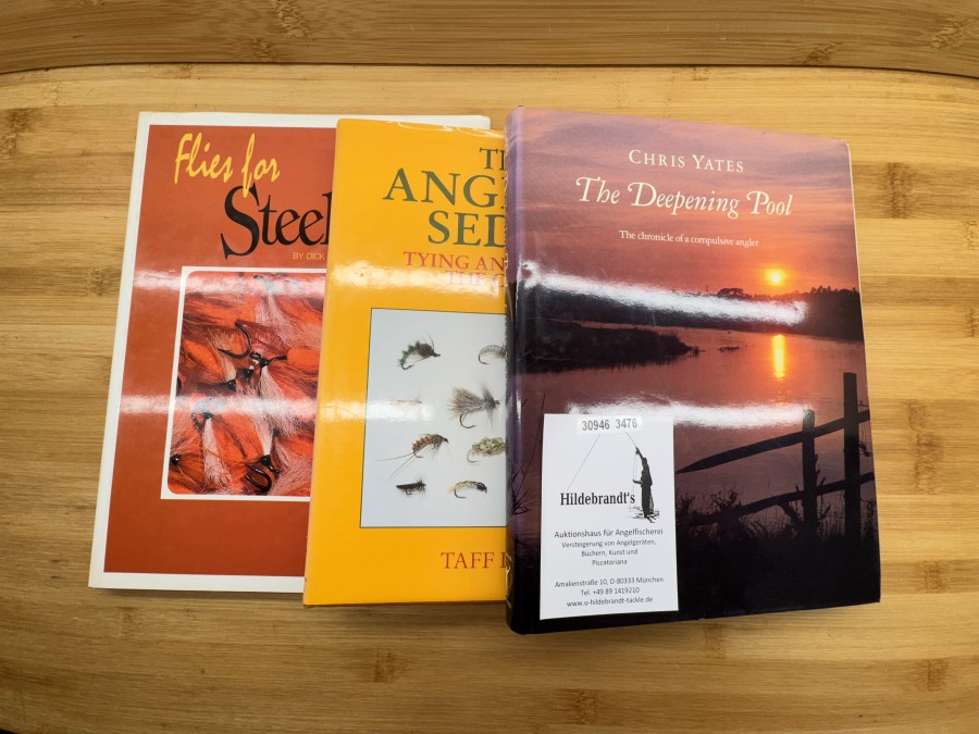 3 Bücher, The Deepening Pool, The chronicle of a compulsive angler, Chris Yates, 1990, The Angler´s Sedge, Tying and Fishing the Caddis, Taff Price, 1989, Flies for Steelhead, by Dick Stewart & Farrow Allen, 1992