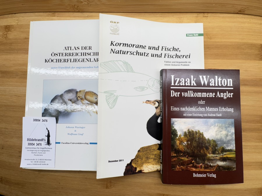 3 Bücher: Atlas der Österreichischen Köcherfliegenlarven, Johann Waringer & Wolfram Graf, 1997, Kormorane und Fische, Naturschutz und Fischerei, Franz Kohl, 2011, Izaak Walton, Der vollkommene Angler oder Eines nachdenklichen Mannes Erholung, 2016