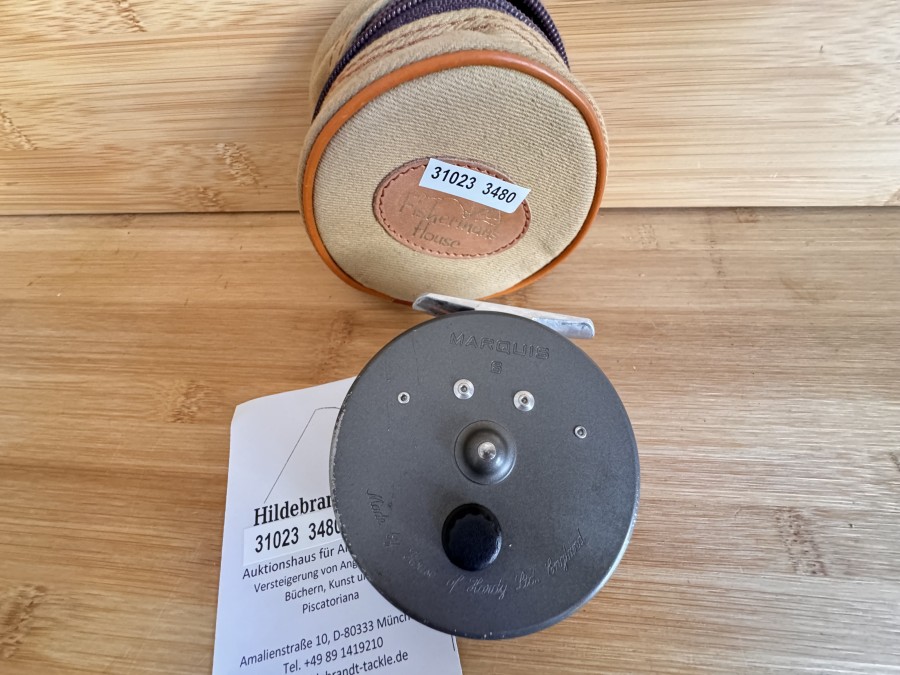 Fliegenrolle, Made by Hardy Bros. Ltd England, Marquis 6, Gewicht  mit Fliegenschnur 167 Gramm, Links- oder Rechtshand, Rollentasche, technisch gut, Gebrauchsspuren