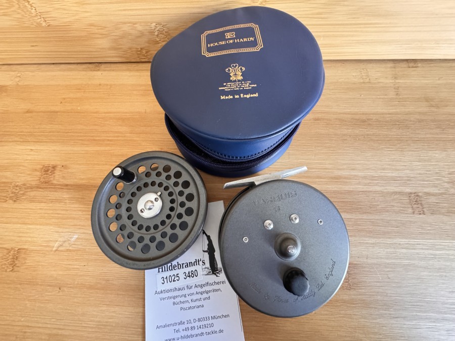 Fliegenrolle, Made by Hardy Bros. Ltd England, Marquis 6, Gewicht 125 Gramm, Reservespule, Links- oder Rechtshand Rollentasche, wie neu