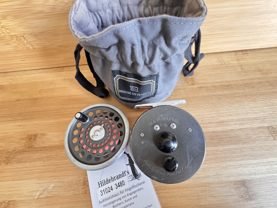 Fliegenrolle, Made by Hardy Bros. Ltd England, Marquis #5, Gewicht  mit Fliegenschnur 142 Gramm, Reservespule mit Backing, Links- oder Rechtshand, Rollenbeutel, technisch gut, Gebrauchsspuren