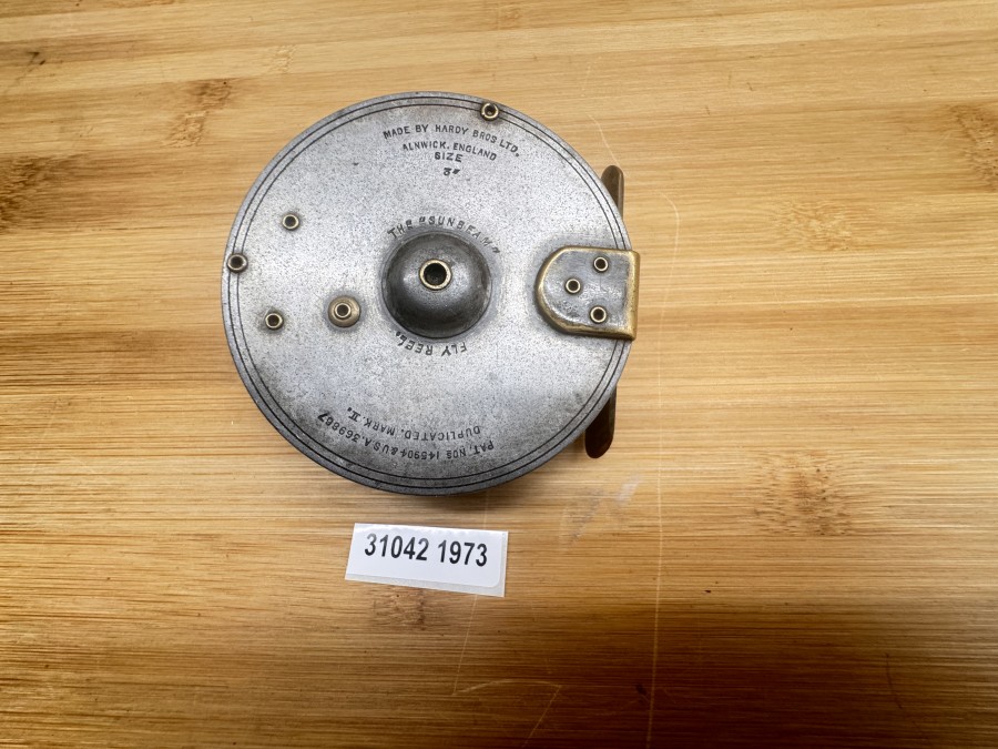 Fliegenrolle, Made by Hardy Bros Ltd England, The Sunbeam Size 3", Brit. Pat. Nos 145904 & USA 369867, Duplicated Mark II, Rechtshand, Messing Rollenfuß, technisch sehr gut, Gebrauchsspuren
