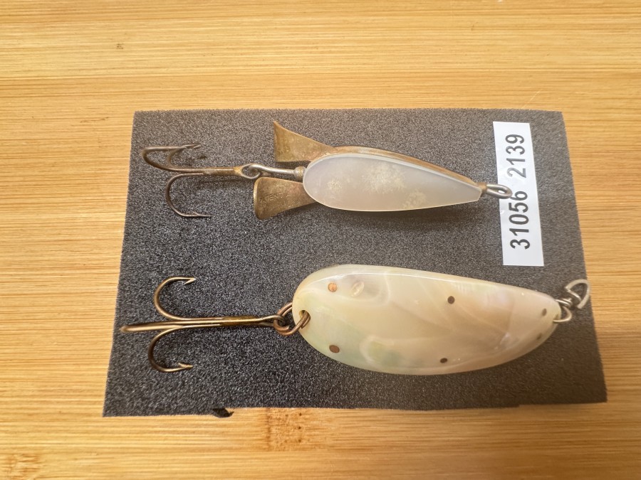 2 Kunstköder, Lemax, Perlmuttlöffel, mit Kupfer ausgeschlagen, 12g, Perlmutt Fischli, hell/dunkel, 50mm, 17g, guter Zustand