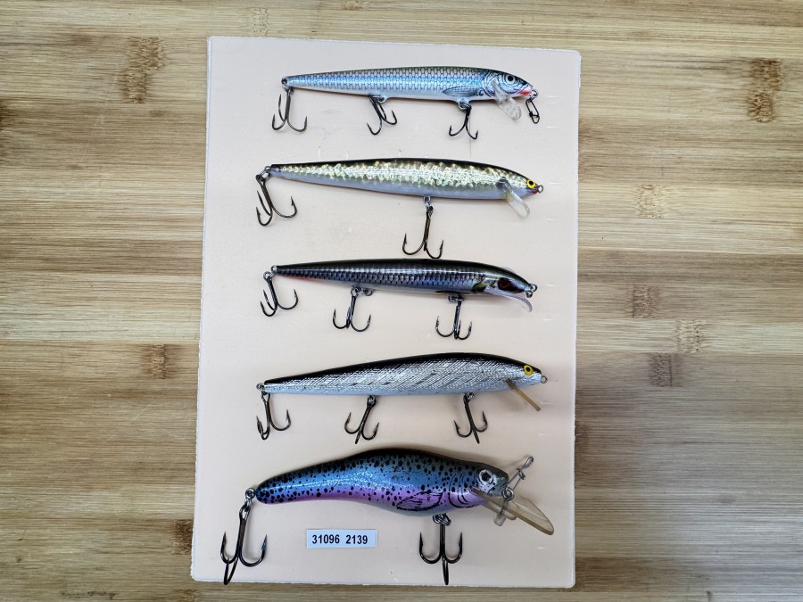 5 Wobbler, Rapala, floating, Ireland, 13cm, 9g, gold/schwarz, 140mm, 16g, Scatter Rap Husky 13cm, 12g, ABU, Killer, Sweden, 14cm, 23g, Regenbogenforelle, 14cm, 31g, gefischt