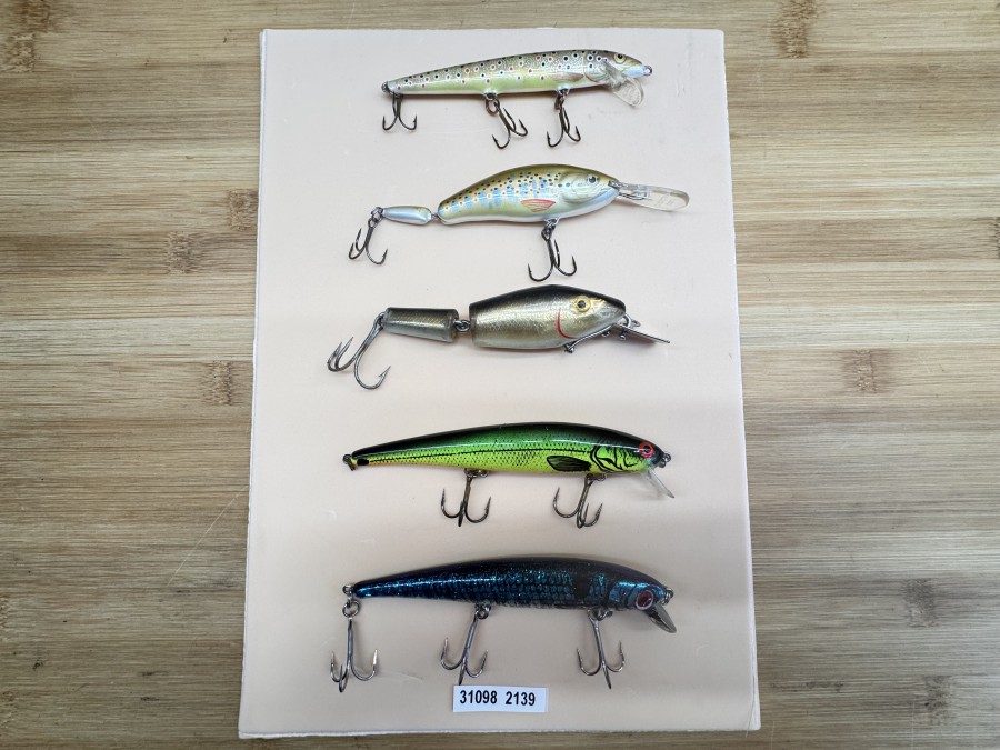 5 Wobbler, Rapala, floating, Ireland, 11cm, 6g, Ugly Duckling, 2tlg., 12cm, 12g, 2tlg., hell/gold/dunkel, 11cm, 17g, orange/gelb/dunkel, 12cm, 12g, hell/silber/blau/schwarz, 12cm,14g, teilweise gefischt