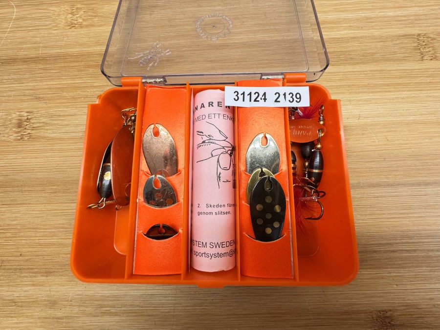 Kunstköder, Sportsystem Sweden, Patent 136.059, Myrspinaren, 6 Stück, Spinnerblätter auswechselbar, ungefischt