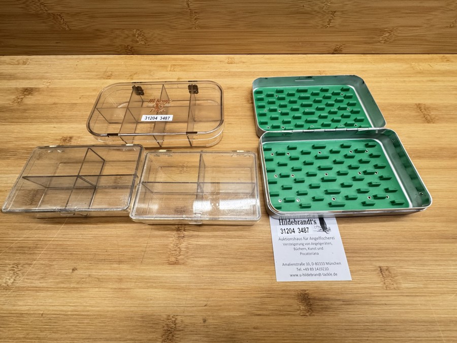 4 Fliegendosen, Perrine #98, Alu, 150x95x30mm, mit  Halteclips, Kunststoff, Mc Kemje Flies, 155x85x30mm, klar, 8 Fächer, 2x Lite Tuff, klar, 115x70x28mm, Gebrauchsspuren