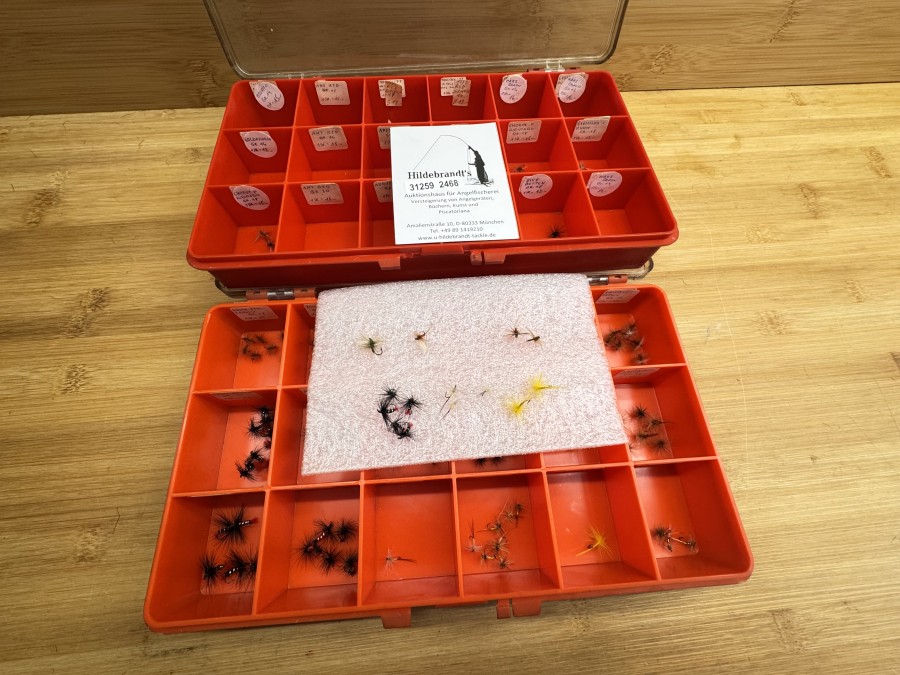 Trockenfliegen,  2 Boxen mit 110 Hechelfliegen, Grösse 18 - 22,  und 30 Trockenfliegen mit Flügel, Grösse 18 - 22, ca. 40 Jahre alt