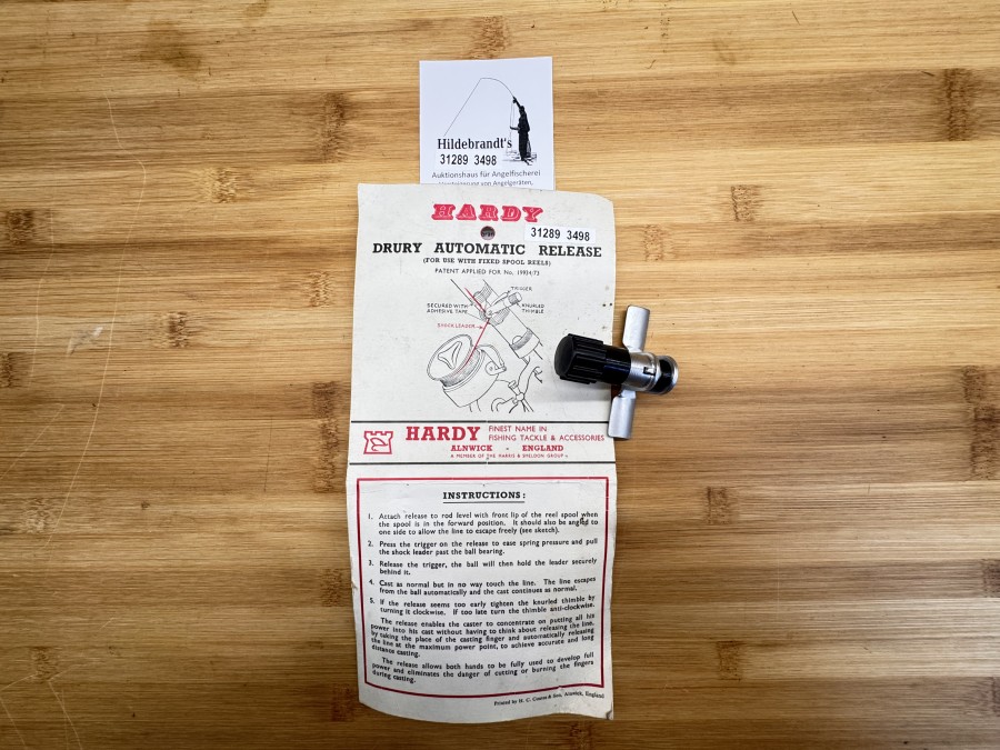 Drury Automatic Release, Hardy, Alnwick, England, Patent Applied for No. 19934/73, for use with fixed Spool Reels, neu